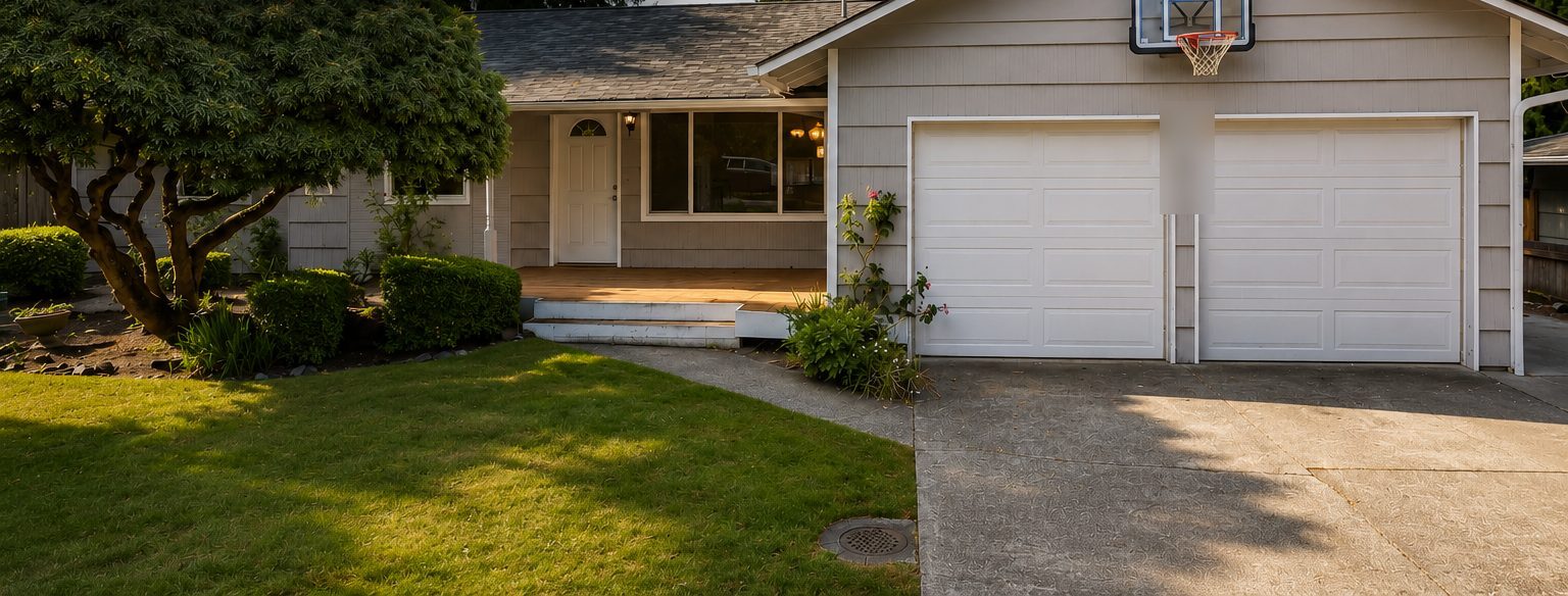 Older Bothell rambler with a two car garage, photographed as listed